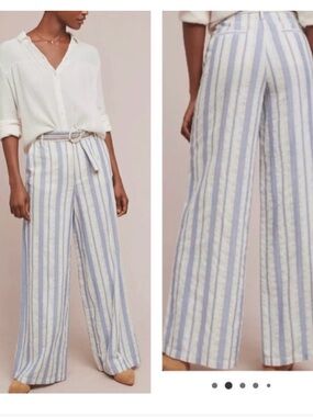 Anthropologie Blue & White Vertical-Stripe Wide-Leg Pants